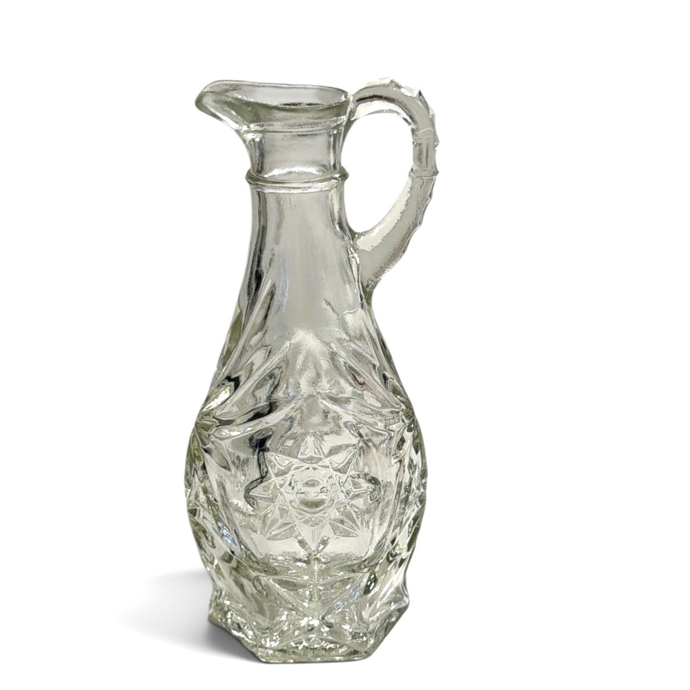 Vintage Clear Pressed Glass Starburst Diamond Cruet Bottle with Handle 6.25"